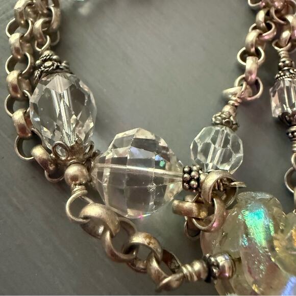 925 Sterling Silver Clear Opalescent Beaded Chainlink Multi Chain Bracelet - Picture 2 of 8